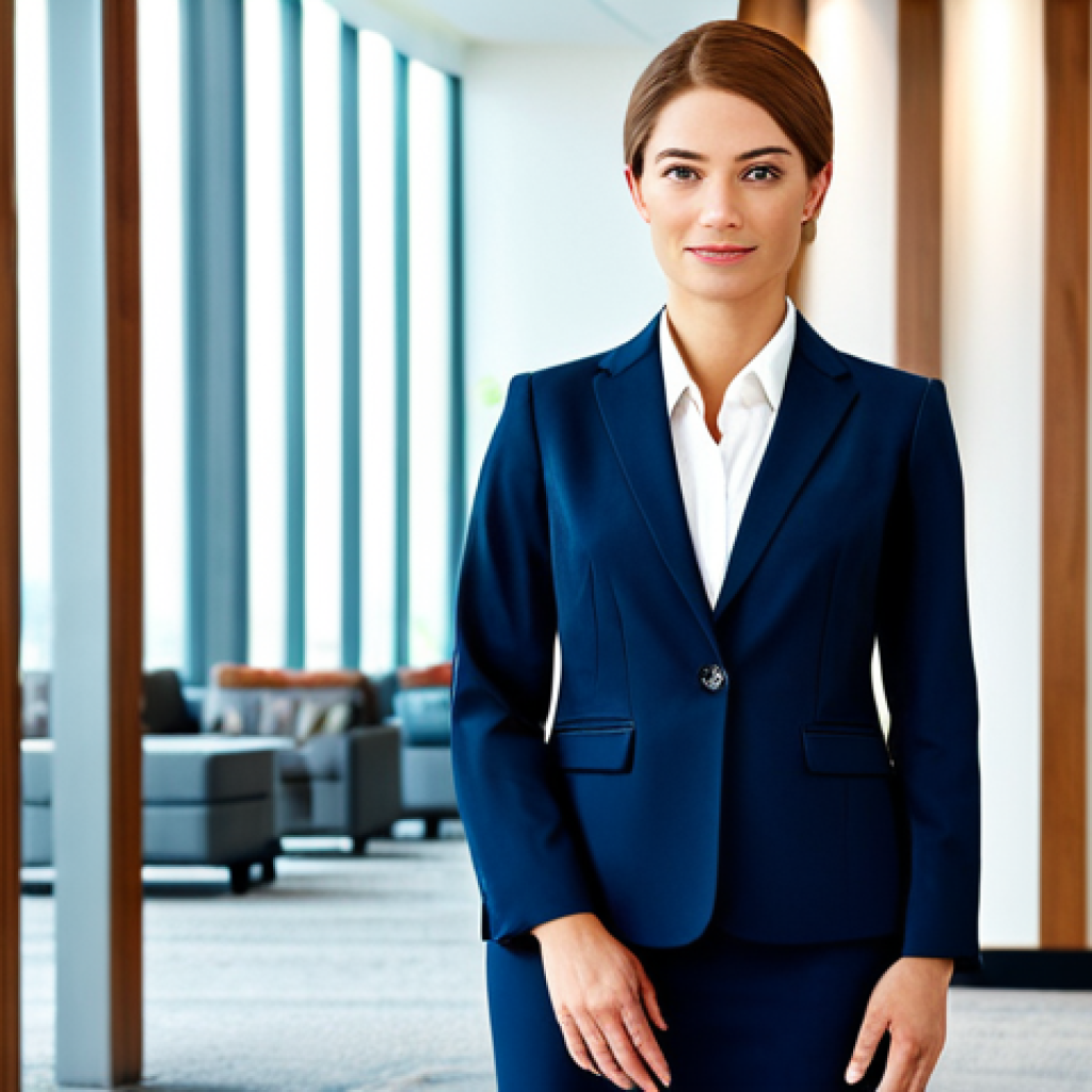 Business Professional**
A professional businesswoman in a modest business suit, standing confidently in a modern office lobby, fully clothed, appropriate attire, safe for work, perfect anatomy, natural proportions, professional photography, high quality, bright and clean lighting.
**