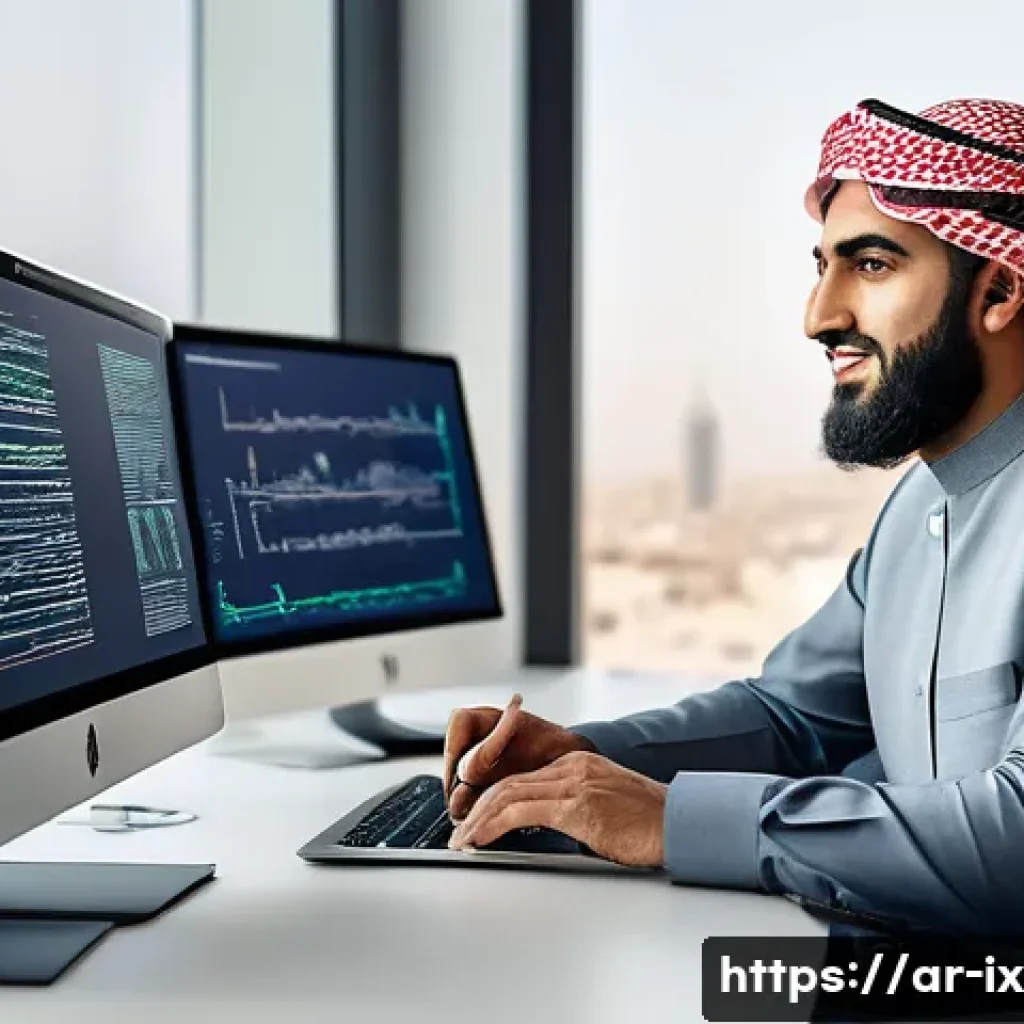 API 설계의 새로운 트렌드 - A professional Middle Eastern software developer in a modern office environment, deeply focused on d...