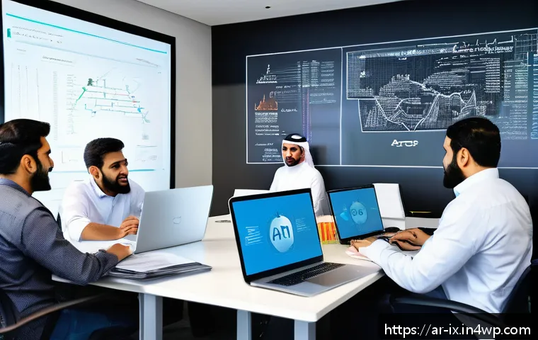 API 설계 시 주의해야 할 사항 - A professional office scene showing a diverse team of Middle Eastern software developers collaborati...